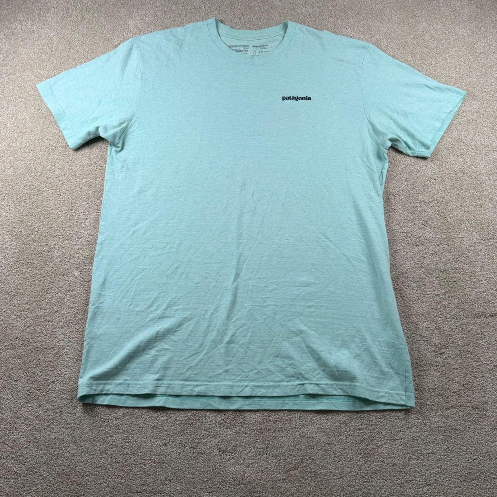 Patagonia Responsibili-Tee Mens Large Aqua Blue P-6 Logo Recycled T-Shirt